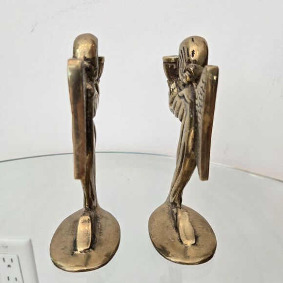 Vtg Solid Brass Set of 2 Kneeling Angel Candle Holders 5" - Small taper candles - Picture 4 of 6